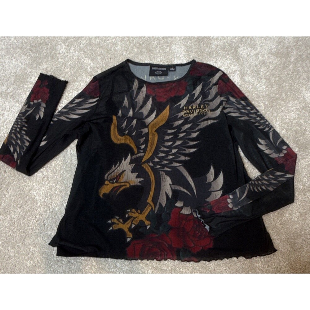 Harley-Davidson Eagle & Roses Graphic Long Sleeve Mesh Top Shirt Black XL + tank